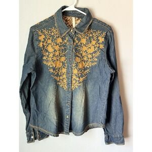 Martini Ranch Denim Gold Snap Embroidered Western Shirt Womens Large
